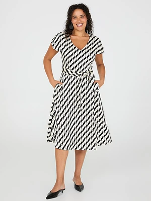 Geo Print V-Neck Satin Midi Dress