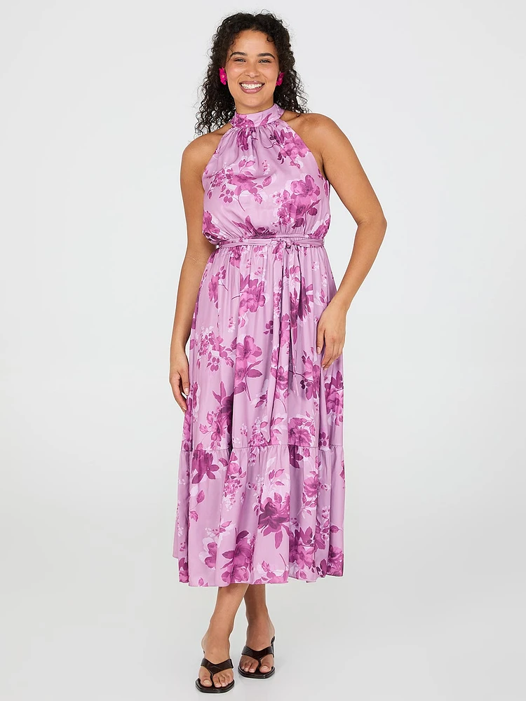 Robe maxi en satin fleuri à col licou