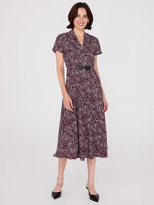 Floral Print Shawl Collar Belted Midi Dress