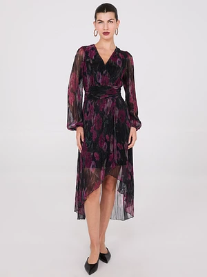 Robe midi plissée et croisée à imprimé floral