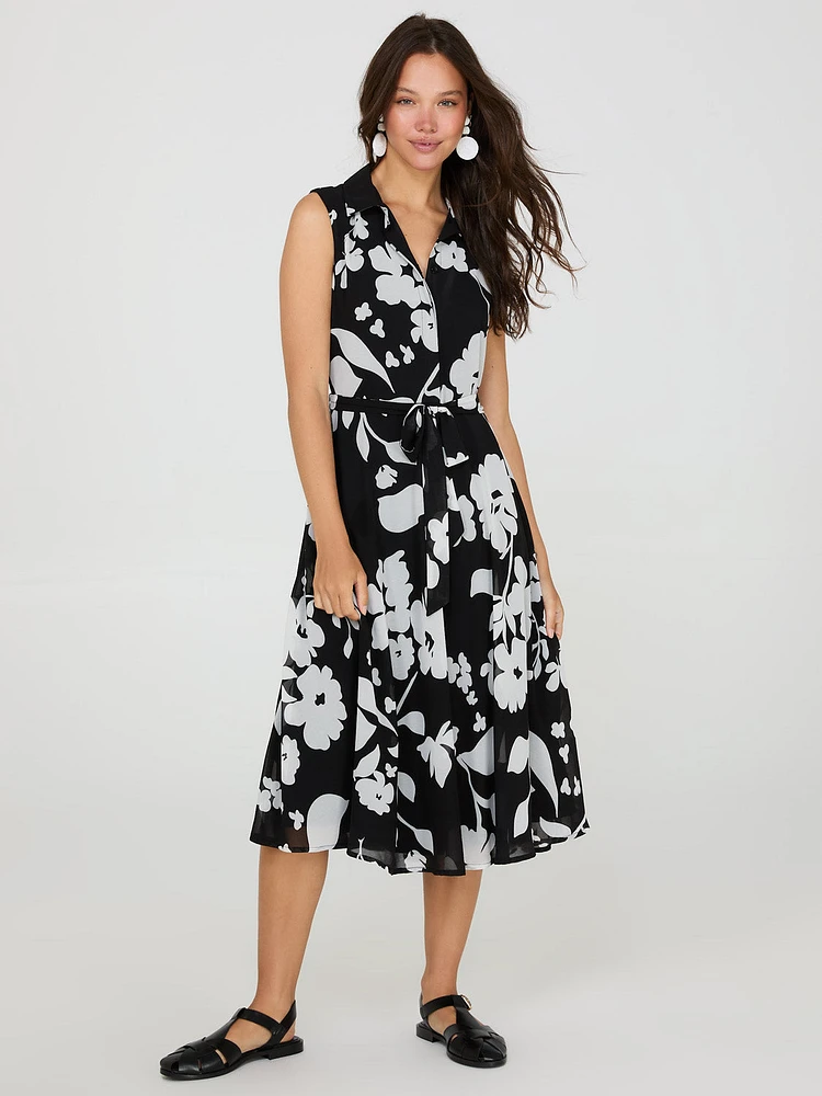 Sleeveless Floral Print Button-Front Midi Dress