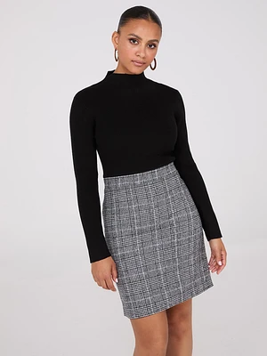 Mock Neck Plaid A-Line 2-Fer Mini Dress