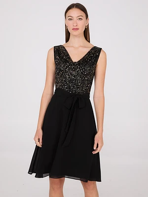 Sequin Cowl Neck Fit & Flare Dress