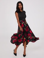 Robe mi-longue en néoprène avec jupe satin imprimée