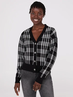 Plaid V-Neck Knit Cardigan