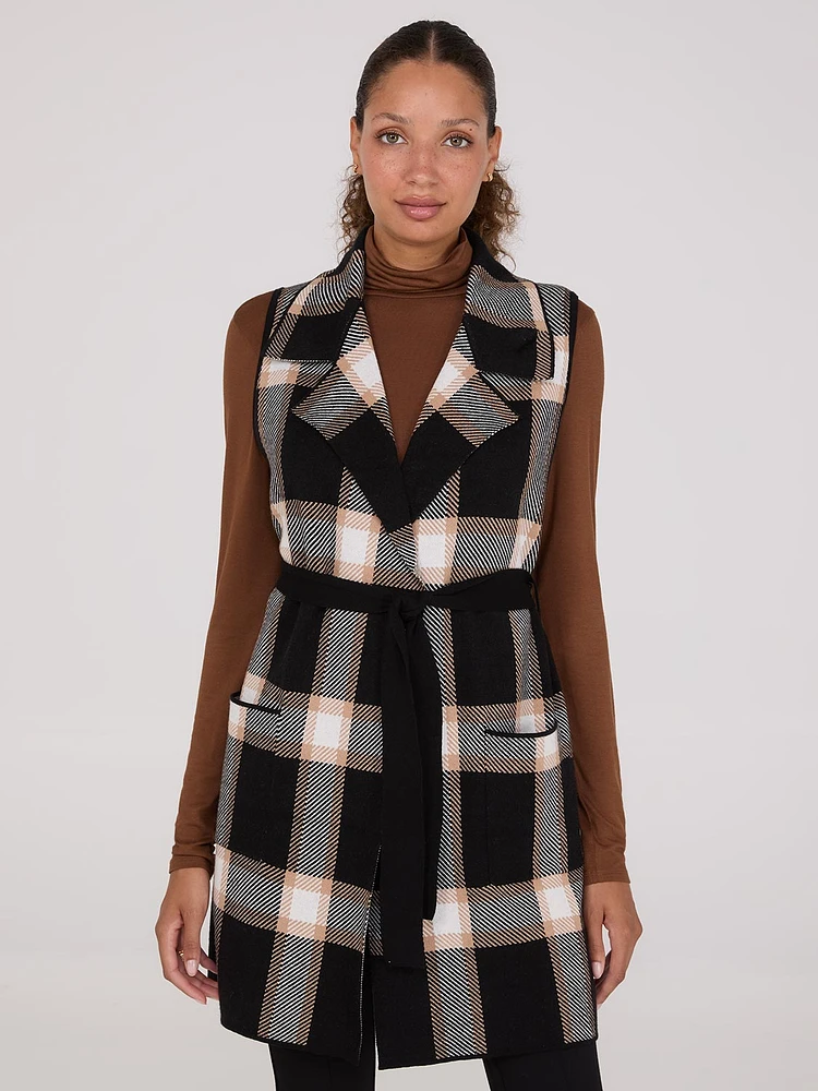 Sleeveless Open-Front Plaid Duster