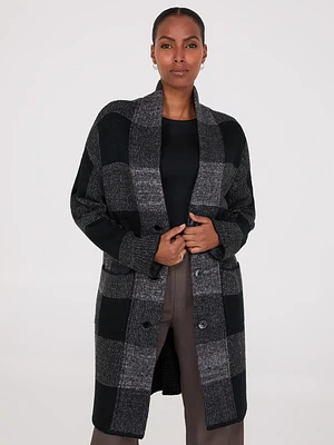 Manteau-cardigan à carreaux et 3 boutons