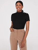 Ribbed Mock Neck Top With Button Details