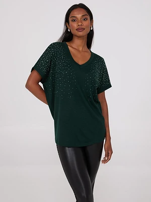 V-Neck Dolman Sleeve Rhinestone Top