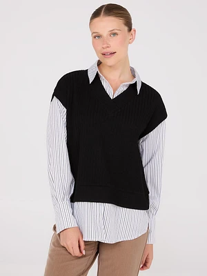 2-Fer Striped Blouse With Short Sleeve Top