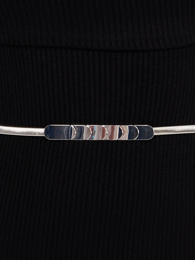 Silver Metal Belt With Textured Buckle