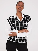 2-Fer Windowpane Print Vest With Blouse