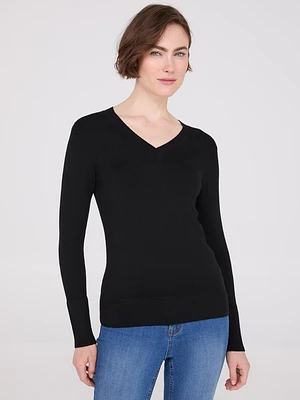 V-Neck Long Sleeve Sweater With Ribbed Details