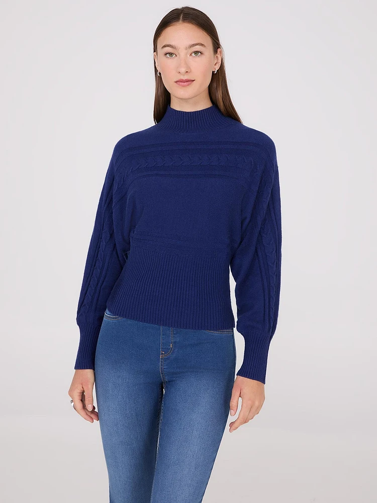 Cable Knit Mock Neck Dolman Sleeve Sweater