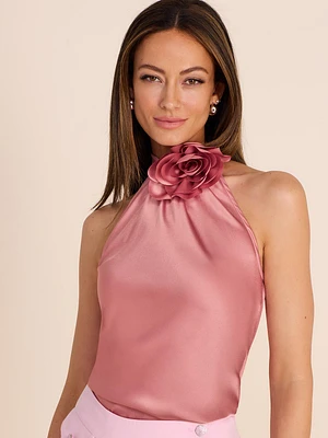 Halter Neck Satin Blouse With Rosette