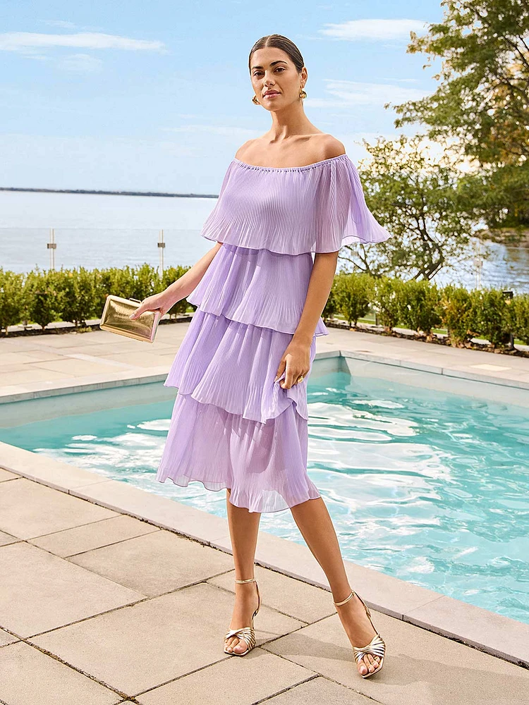 Off-The-Shoulder Tiered Pleated Dress