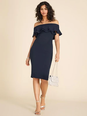 Ruffle Off-The-Shoulder Knee Length Cocktail Dress