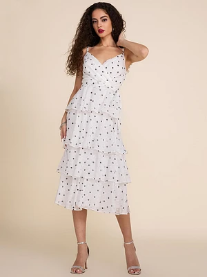 Polka Dot Printed Tiered Chiffon Midi Cocktail Dress