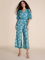 Printed Short Sleeve Wide Leg Chiffon Jumpsuit