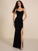 Cowl Neck Open Back Gown With Train