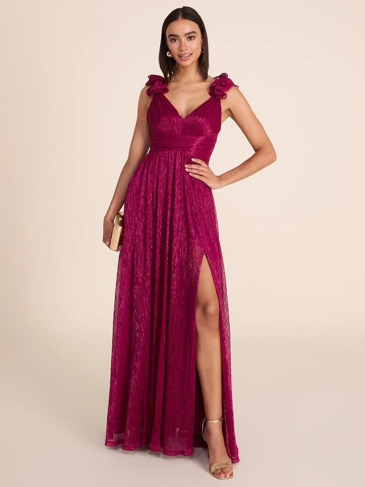 Metallic Crinkle Knit Gown With Rosettes