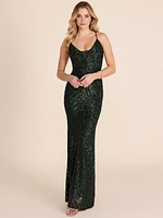 Emerald Sequin Column Gown - V-Neck, Open Back | Le Chateau