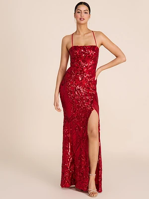 Patterned Sequin On Mesh Gown