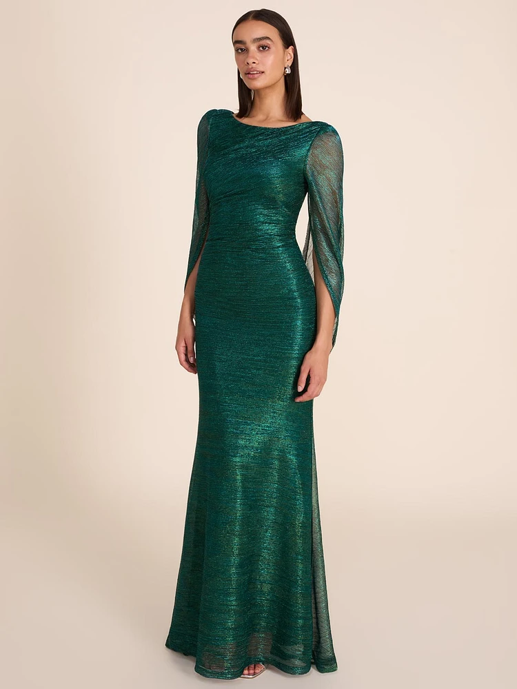 Metallic Crinkle Knit Gown With Back Cape