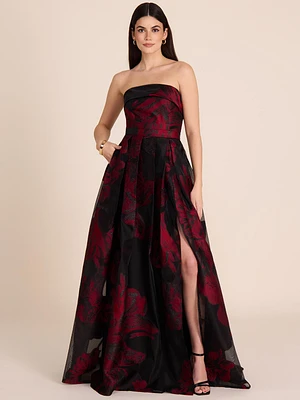 Strapless Floral Jacquard Gown