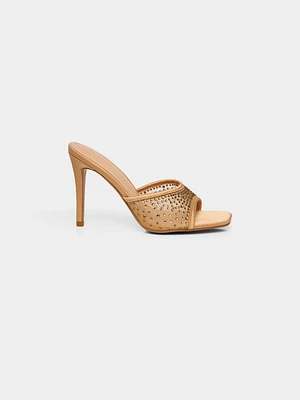 Mule Ã  talons hauts en satin et maille ornÃ©e de bijoux
