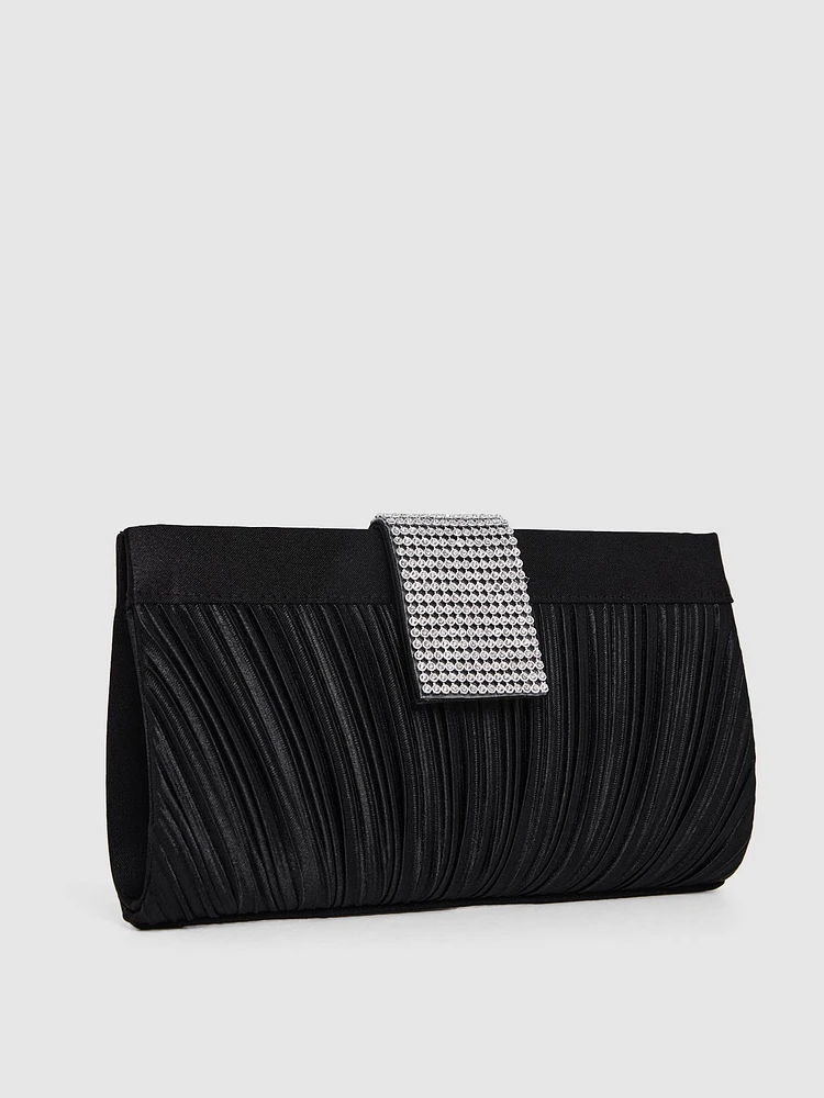 Pleated Satin Clutch With Flapover Rhinestone Buckle