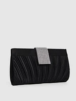 Pleated Satin Clutch With Flapover Rhinestone Buckle