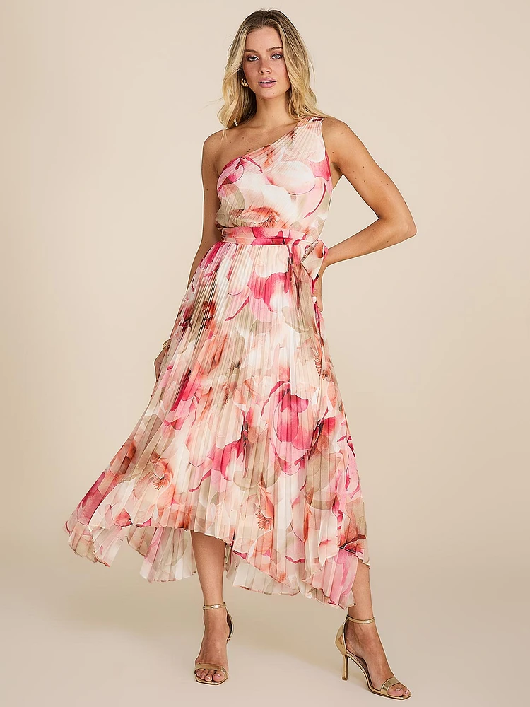 Floral Print One-Shoulder Pleated Chiffon Midi Dress