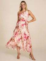 Floral Print One-Shoulder Pleated Chiffon Midi Dress