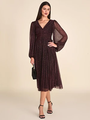 Balloon Sleeve Metallic Crinkle Knit Midi Dress