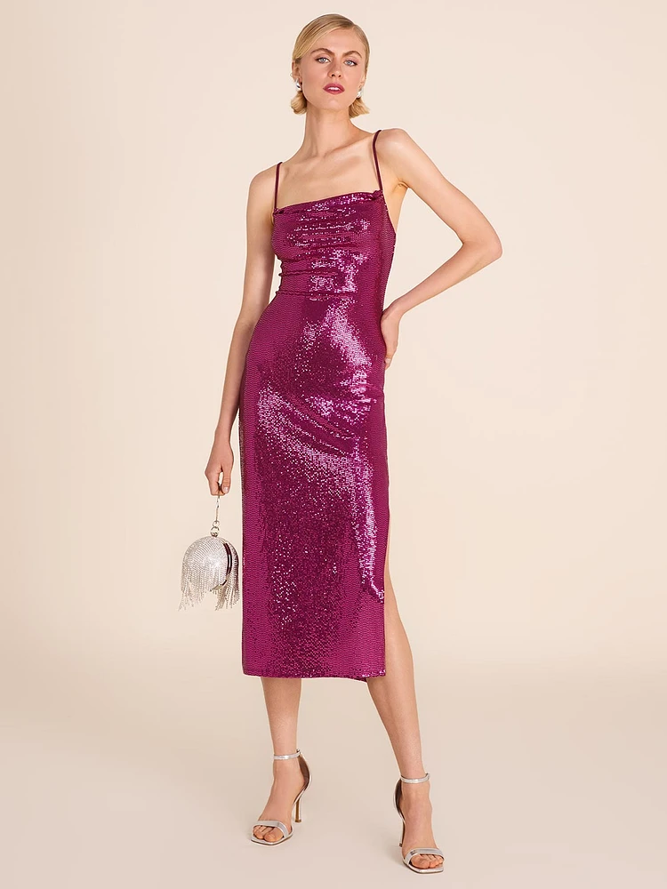 Cowl Neck Sequin Midi Dress