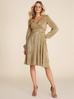 V-Neck Shiny Plissé Fit & Flare Knee Length Dress