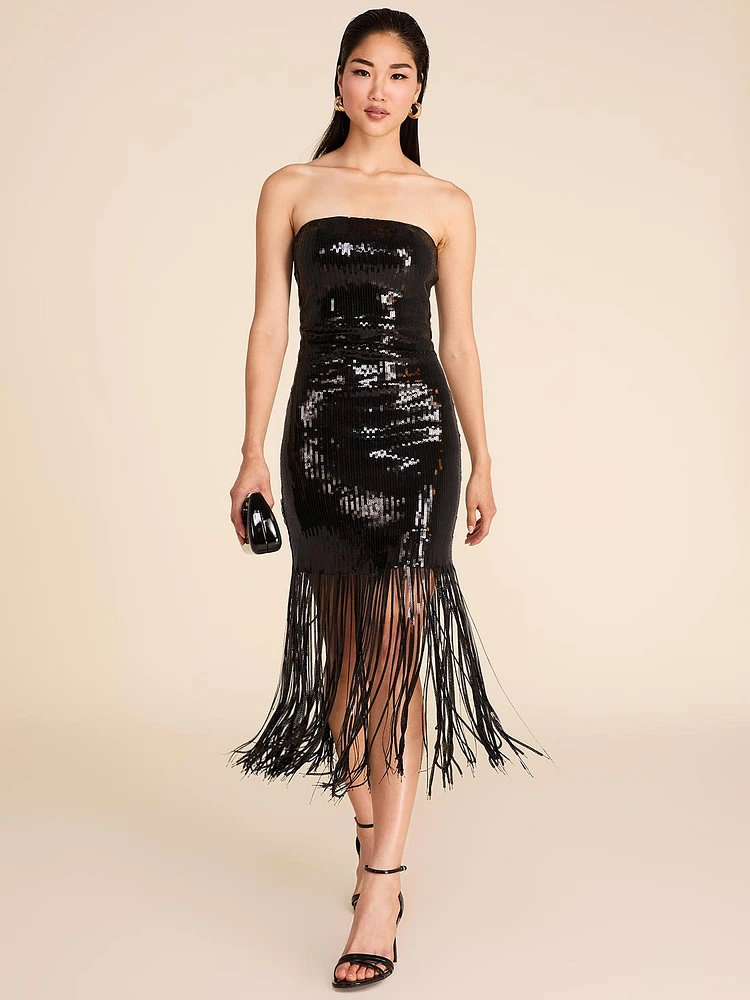 Sequin Fringe Dress - Strapless, Midi | Le Chateau