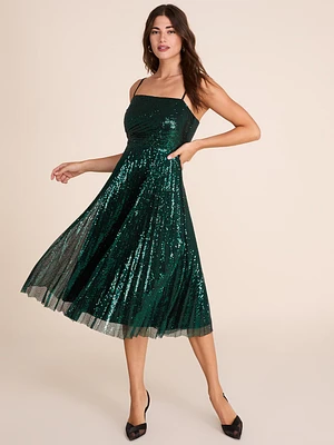 Robe midi ajustée et évasée à paillettes