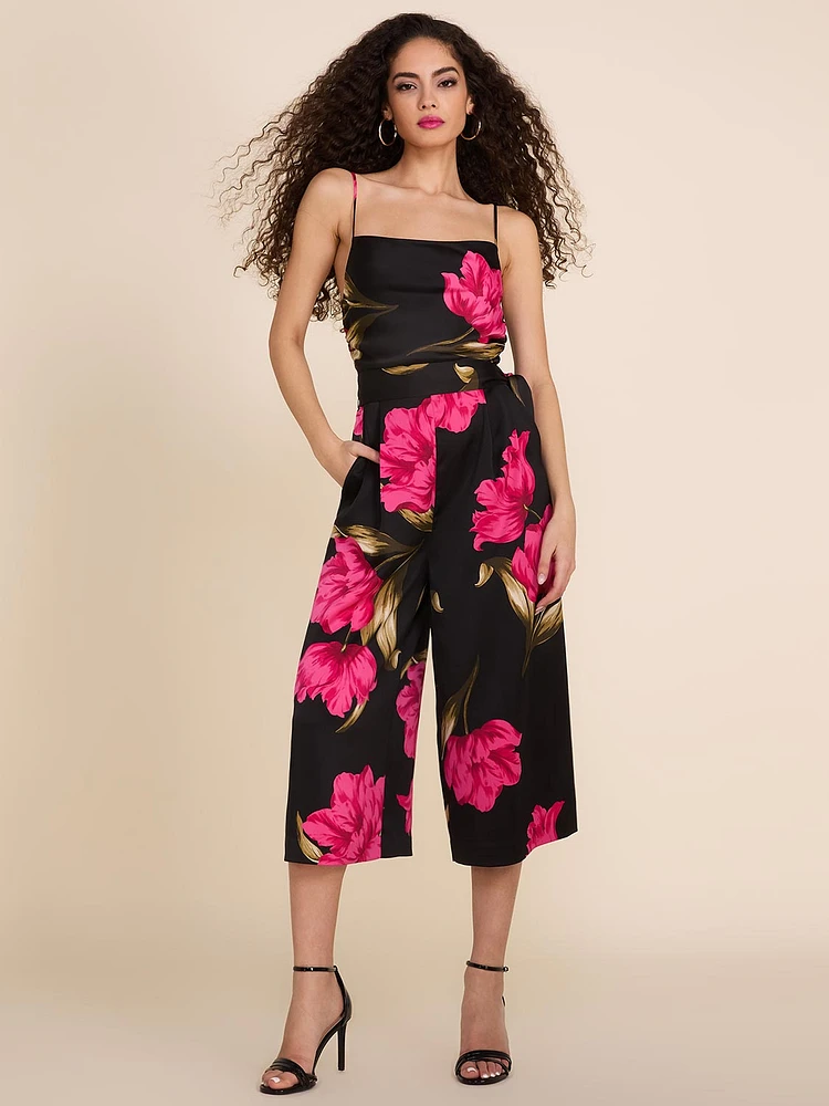 Combinaison jupe-culotte à col drapé en satin fleurs