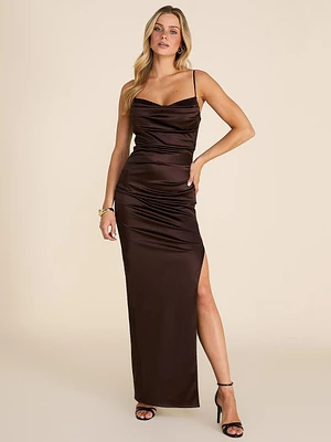 Cowl Neck Fitted Satin Gown