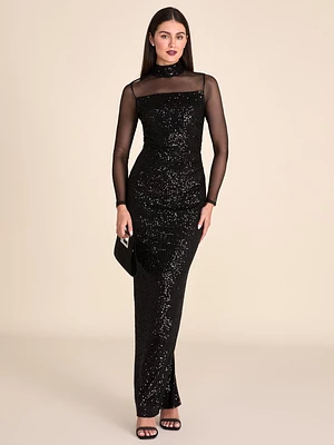 Mock Neck Sequin Column Gown