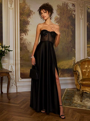 Robe longue sans manches en satin bustier à paillettes