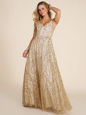 V-Neck Allover Sparkle On Mesh Ball Gown