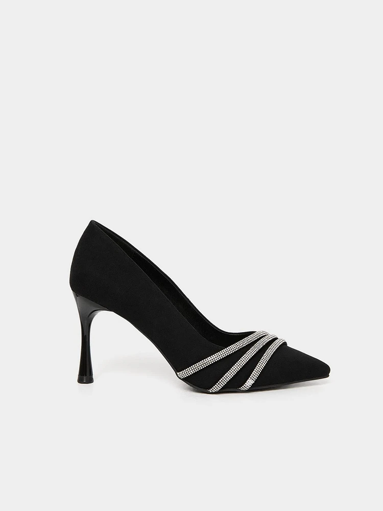 Black High Heel Pump - Suede, Rhinestones | Le Chateau