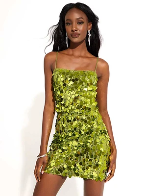 Sequin Mini Dress - Lime Green, Sheath | Le Chateau