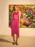 Satin Pleated Asymmetrical Hem Dress