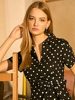 Dot Print Midi Cotton Shirt Dress With Side Pockets