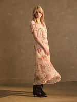 Printed V-Neck Pleated Midi Dress