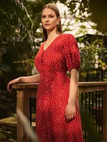 Robe mi-longue Ã  manches bouffantes et imprimÃ© pois